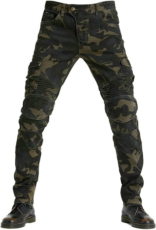 Men Motorcycle Motorbike Protective Pants Reinforced Denim Trousers Lined Protective CE Approved HIP & KNEE Removable Armored (Camouflage,L)