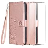 SCDMY Flip en Cui pour Wiko Y51 + Verre trempé, Fleurs de Papillon Coque Etui en Cuir PU Cover Housse Protection Case avec Cartes Portefeuille Wallet Support Fonctions - Or Rose