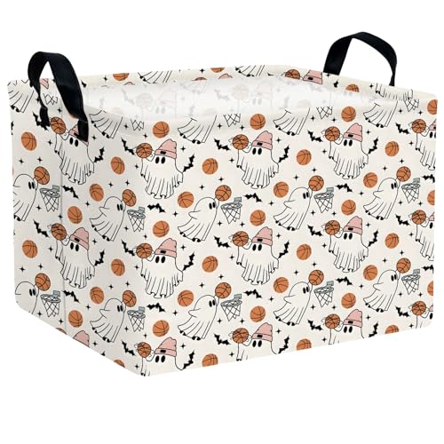 Image of Large Halloween Basket Gift Cute Ghost Parties Decor Kid Trick or Treat Basket for Boys and Girls Rectangular Storage Bin Box (Ghost Basketball)