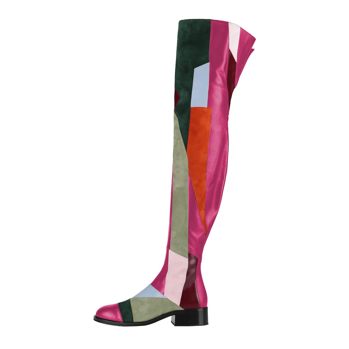FSJ Women Multicolor Over-the-Knee Boots Round Toe Comfort Chunky Low Heels Side Zipper Color Patchwork Shoes Size 4-16