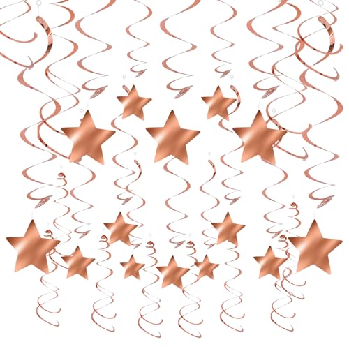 Image of Rose Gold Star Swirl Hanging Decorations - 30 Pack Metallic Foil Ceiling Streamers with Hooks for Birthday Party, Wedding, Baby Shower, Celebration Decor