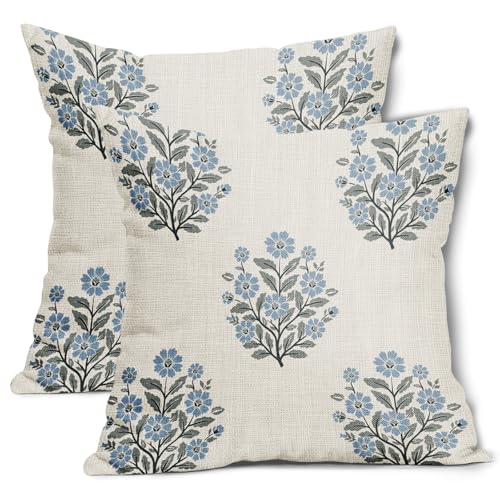 AmplePisce Blue Floral Pillow Covers 20x20 Inch Set of 2 Flower Block Print Cotton Linen Decorative Throw Pillow Case Grandmillennial Cushion Covers for Bedroom Sofa Living Room Chair