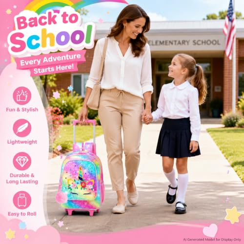 Image of CCJPX 3PCS Kids Rolling Backpack for Girls, Unicorn Sequin Roller Wheeled Bookbag Toddler Elementary School Bag with Wheels