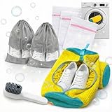 Bolsa para Lavar Zapatillas en Lavadora - Kit Completo 8 en 1. Incluye 2 Bolsas con protección Chenille 360°, 3 Bolsas de Malla Ropa Delicada, 2 Fundas de Viaje y Cepillo - Cremallera YKK con Seguro