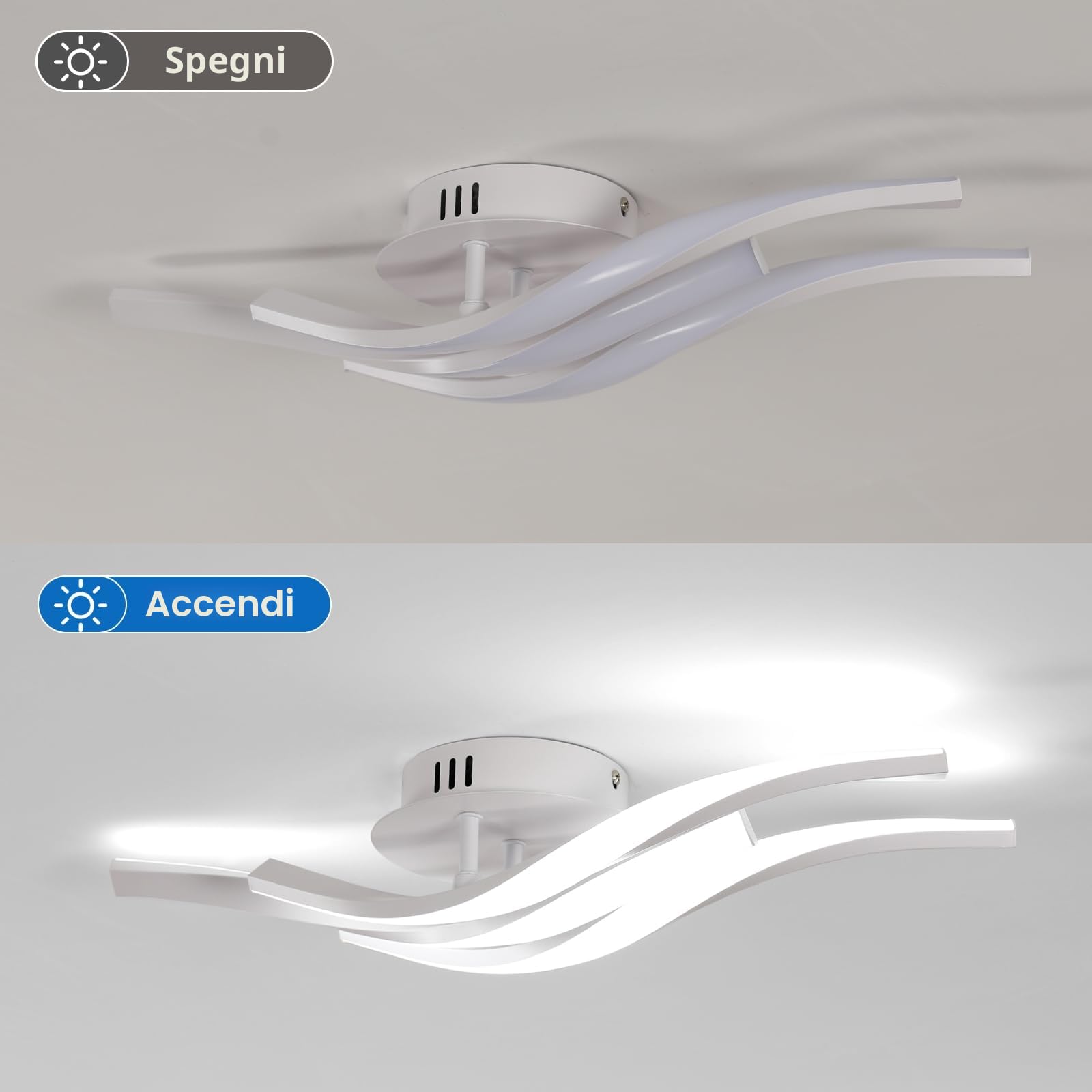 Plafoniera LED a soffitto, bianca, potenza di 24W, 2700LM. Design Moderno con 3 luci curve. Luce bianca 6500K, adatta ad ogni ambiente, come: corridoio, cucina o soggiorno. Lunghezza: 52 cm.