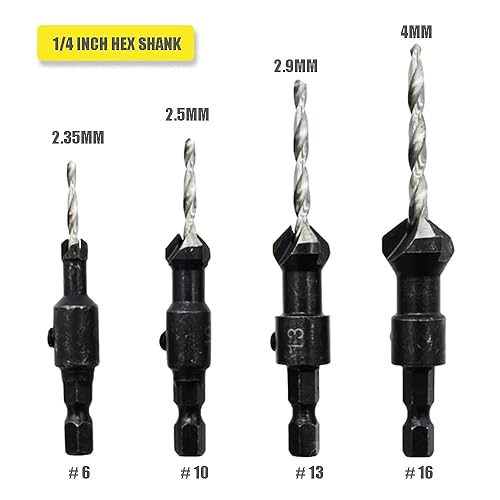 Miniatura 2 de Juego de brocas avellanadas con vástago hexagonal de 1/4, HSS4241#6/10/13/16 con llave hexagonal para carpintería, accesorios de herramientas de