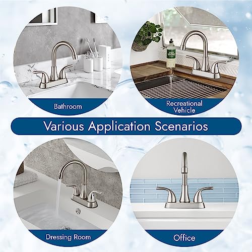Cinwiny Brushed Nickel Centerset 4 Inch Bathroom Sink Faucet 2 Handle 360° Swivel Spout Deck Mount Lavatory Bathroom Faucet Mixer Tap With Pop Up Drain Water Supply Hoses #TOP6
