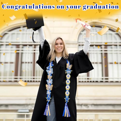 Image of Class of 2026 Graduation Lei,Blue & Gold Double Ribbon Lei with DIY Butterfly Pin Accessories,Graduation Gift for Her Him Woman Man Graduate