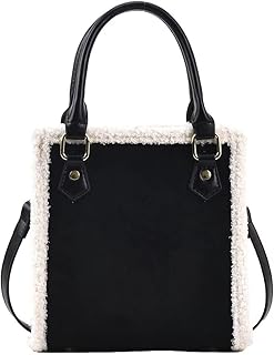 Mudono Handbags for Women Small Suede Tote Bag Square Crossbody Shoulder Purse with Faux Shearling Trim and Detachable Strap