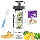 AQUATIME Water Bottle with Infuser Time Marked Large 32 oz – Free Brush for Easy Clean – Convenient to Carry - Leak Proof - FDA Approval BPA Free & Eco – Friendly Tritan copolyester Plastic - Black