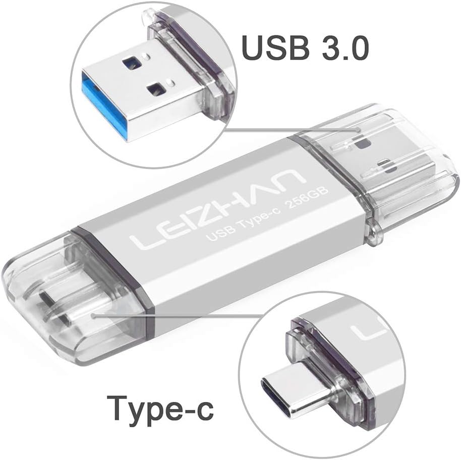 leizhan 256GB USB 3.0 Flash Drive Thumb Drives Jump Drive USB Memory Stick Type-C/USB-A 2 in 1 - Silver