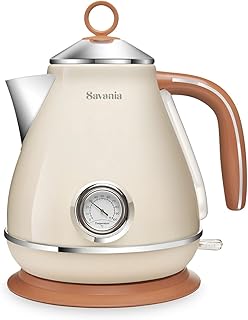 Savania 1.7L Cordless Stainless Steel Classical, Vintage Electric Kettle with Temperate Gauge, Auto Shut-Off and Boil-Dry ...