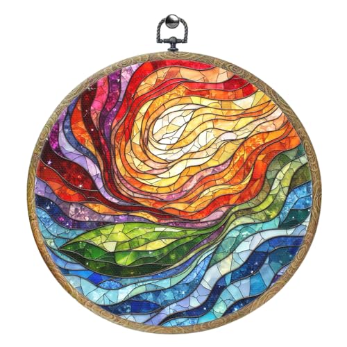 Colorful Boho Rainbow Geometric Spiral Sun Art Gift Framed Round Wall Decor Canvas Wall Art Hanging Prints Artwork for Home Office Bathroom Bedroom Living Room Decorations 10.2X10.2 Inch