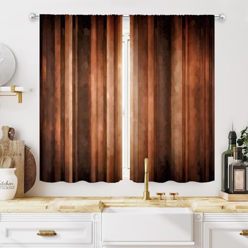 Brown Kitchen Curtains 27.5W x 39H Inch Vintage Rust Orange Copper 2 Panels