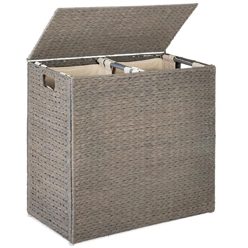 Best Choice Products Large Double Laundry Hamper with Lid, Natural Handwoven Water Hyacinth, 2 Sections w/ 2 Machine Washable Linen Liner Bags, Portable, Handles - Gray