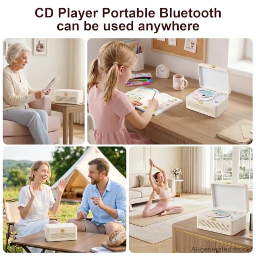 Image of Gueray CD Player Portable Bluetooth: Retro CD Players with Speakers Vintage CD-Player 3600mAh Rechargeable & Radio & Remote Control Support USB /AUX Playback Headphone Jack (White)