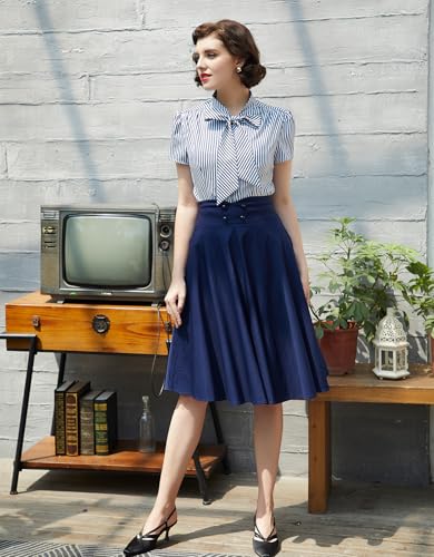 Image of Belle Poque Summer Short Sleeve Office Button Down Blouse Stripe Shirt Tops with Bow Tie BP573