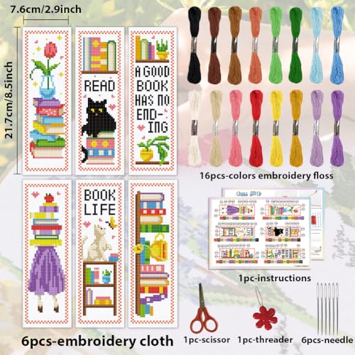 Image of ACRNIGHEET 6PCS Cross Stitch Bookmark Kit for Beginner Bookshelves Stamped Cross Stitch Kits for Adults DIY Embroidery Bookmark Kits Crossstitch Kits Adult with Instructions Hand Craft Gift 11CT