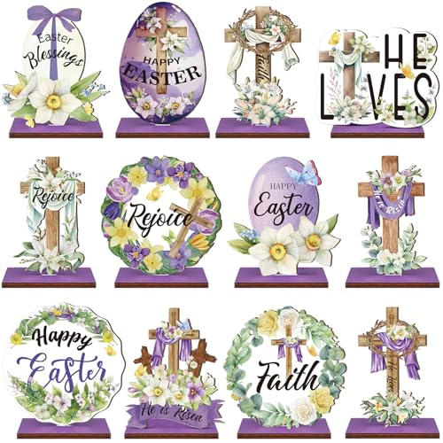 Marsui 12 Pcs Easter Wooden Table Decorations Centerpieces Religious He is Risen Cross Wood Sign Christian Vintage Easter Decor for Home by Marsui - Used condition - US$8.55
