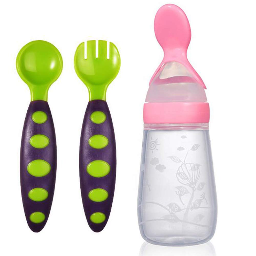 MAXISTORE Kids Silicon Spoon & Spoon Bottle 125ML - Silicon (Pink, Green)