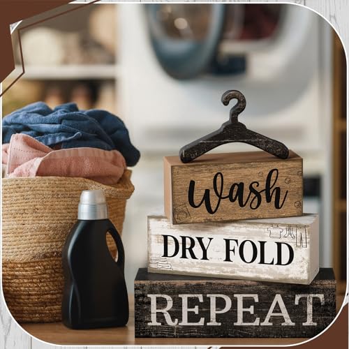 Image of Moucuny 4 Pcs Farmhouse Laundry Room Decor Stacked Blocks, Wash Dry Fold Repeat Wooden Sign Set with Vintage Hanger - Rustic Home Shelf Decor for Laundry Area Housewarming Gift