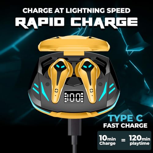 Image of HOPPUP Predator Xo3 Gaming Earbuds with 35MS Low Latency, 13MM Drivers & 50H Playtime Bluetooth (Yellow, True Wireless)