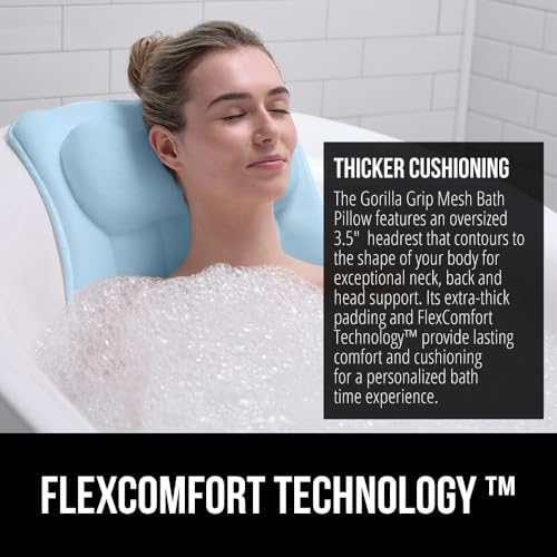 Image of GORILLA GRIP Bath Pillow for Tub, 6 Strong Suction Cups, 4D Mesh FlexComfort Headrest for Neck, Head and Back Support, Luxury Machine Washable Pillows, Bathtub Accessories, Spa Gifts for Women, Blue