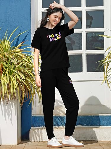 Image of ZEYO Night Suit for Women's Typography Printed Cotton Night Dress of Top and Joggers