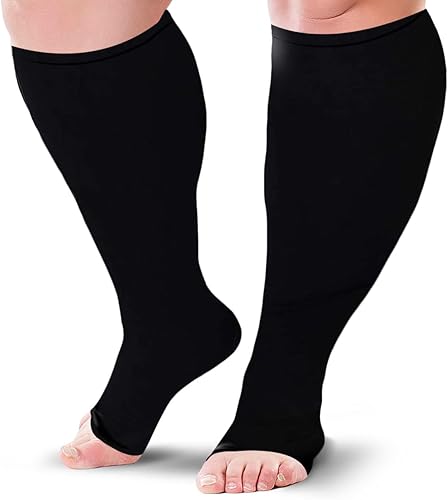 Medias de compresión de punta abierta hasta la rodilla de 20-30 mmHg, uso diario (4XL, negro)