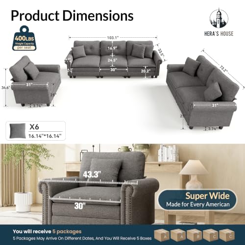 Image of HERA'S HOUSE Modular Sectional Sofa Set with Loveseat and Armchair 3 Piece