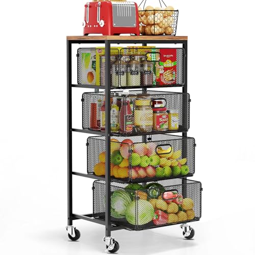 Goovilla Kitchen Cart with Drawers, 4 Tier Metal Rolling Utility