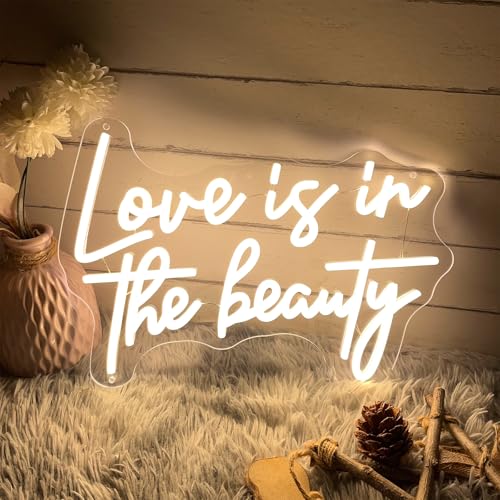 Image of Love is in The Beauty Neon Sign Spa Beauty Room Brows Lashed Salon Studio LED Wall Art Decor For Business Stores Logo Barber Shops Led Indoor Custom Neon Lights 5V USB Powered Warm White 40x29.7 CM