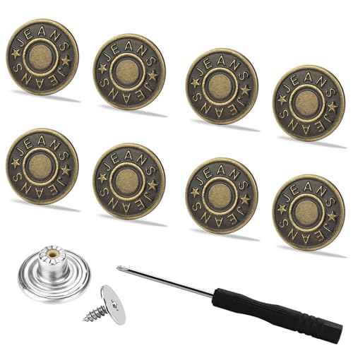 Buttons Replacement 8 Set 17mm Instant Adjustable No Sewing Nailess Removable Metal Pants Suspender Button Replacement Repair Combo Kit For Tightener Loose Jeans With Screwdrivers