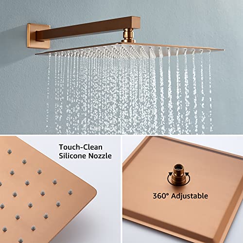 Image of Iriber Brushed Rose Gold Rain Shower System with 12 Inch Shower Head and Handheld Bathroom Wall Mounted Shower Set Contain Shower Faucet Mixer and Trim Kit (Valve Included)