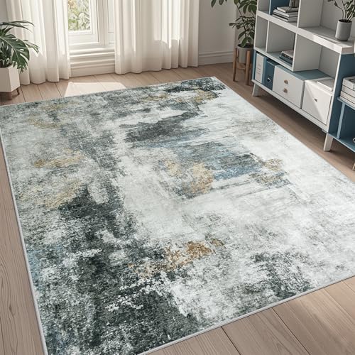 5x8 Area Rugs for Living Room Rug Washable: Abstract Rug for Dining Room Bedroom Carpet Non Slip 5 by 8 Indoor Modern Nursery Home Office Black Gold
