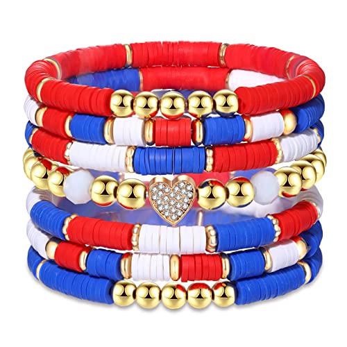 FAERLIIRY 4th of July Bracelets Red White Blue Bracelets American Flag USA Clay Beaded Bracelet Heishi Stretch Stackable Bracelets Patriotic Friendship Bracelet Surfer Preppy Summer Beach Jewelry
