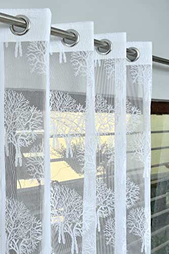 Image of Net Transparent Door Curtain Drapes 7Ft Set of 2 | Sheer Curtain Drapes for Living Room Bedroom Kitchen Balcony | Tissue Light Filtering Panels for Home Office, 4x7 Feet, White Tree