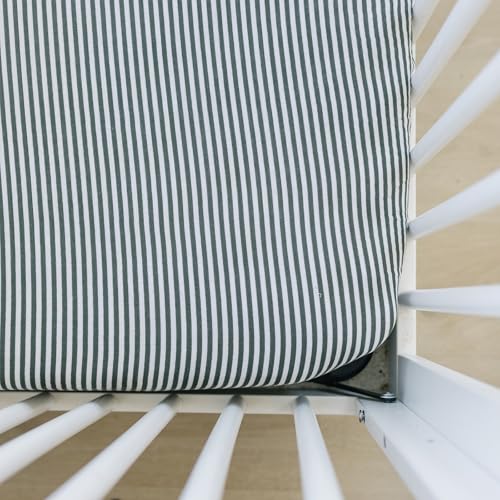 Image of Green Stripes Muslin Crib Sheet by Mebie Baby, Soft and Breathable Bed Sheets for Babies, Modern Neutral Bedding for Cribs, Standard Crib Mattress Fitted Sheet, Great for Boy or Girl Room