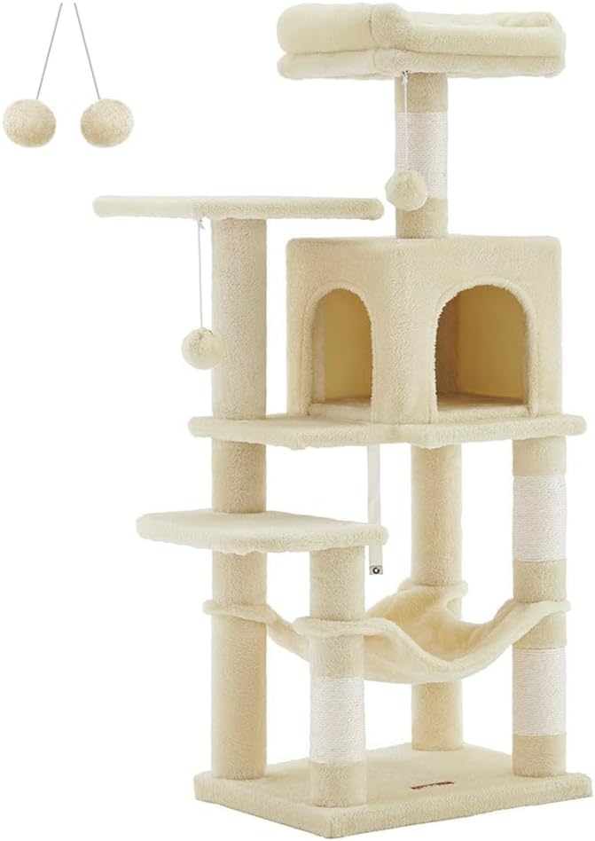 Feandrea Cat Tree, 44.1-Inch Cat Tower, Multi-Level Condo, Beige