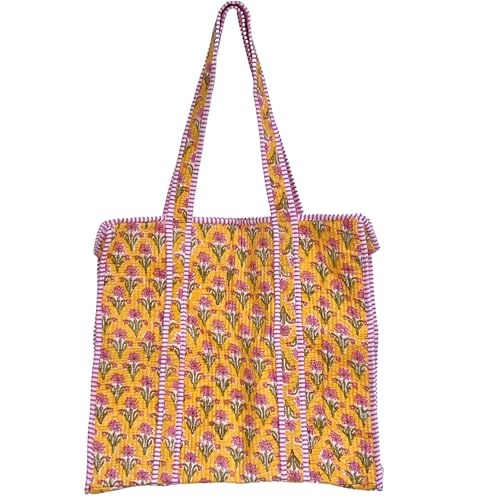 ATOSII Women Handblock Print Quilted 100% Cotton Floral Large Stylish Shoulder Tote Bag with Inner Pocket & Zipper for Work, Beach, Travel, Shopping, Laptop, Summer Bag - 16 X 18 X 6 Inches, Sol