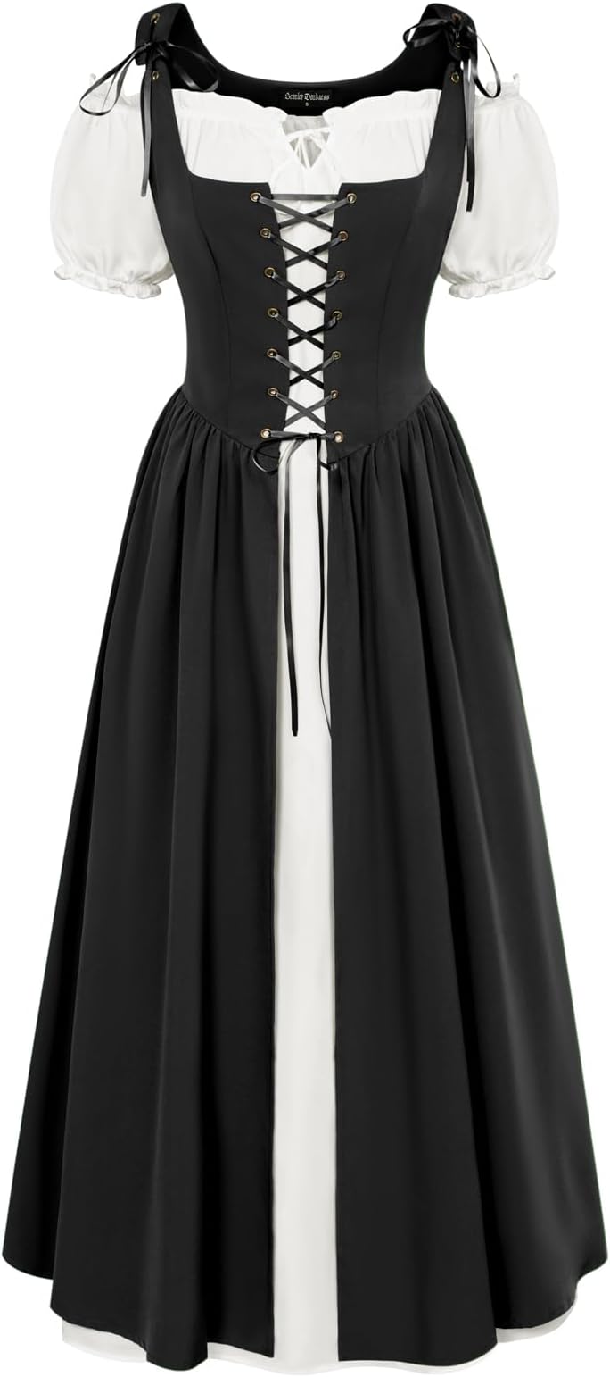 Renaissance Costume Women Peasant Medieval Dress Short Sleeve Maxi Fairy Dresses with Pockets