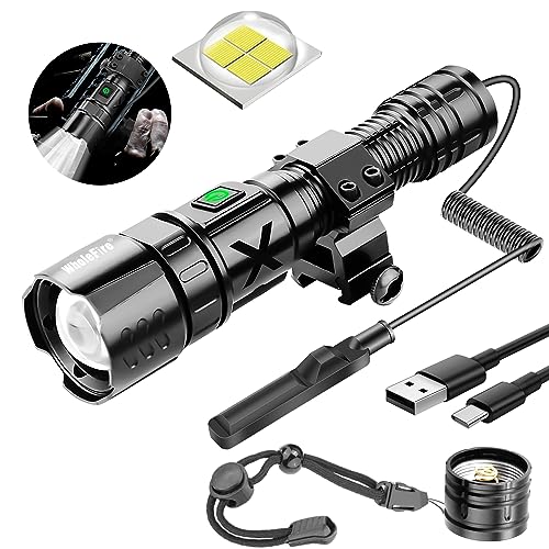 WholeFire Bright Flashlights with Picatinny Rail Mount - 10000 High Lumens Flashlight USB Rechargeable Waterproof LED Flashlight for 2 Pressure Switch Included, 5 Modes, Adjustable Focus
