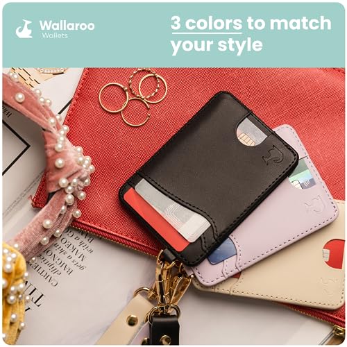 Image of Wallaroo Wallets Premium Leather Women's Wristlet Wallet Slim Card Holder for Credit Cards, ID, and Cash - Minimalist Slim Style with Non-Slip Lining and Wrist Strap (Black)