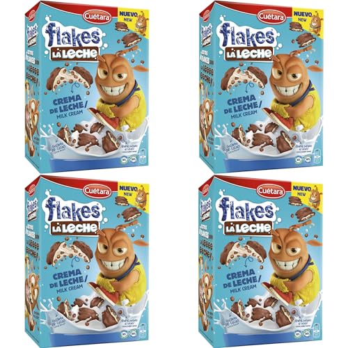 Cereales Cuetara de Chocolate Rellenos de Crema de Leche | Choco Flakes Crujientes de Cacao | Desayuno Dulce para Niños y Adultos | Pack de 4 Cajas