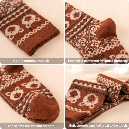 Image of IIG 5 Pairs Womens Pretty Vintage Wool Socks Unique Print Design Soft Cozy Warm Crew Socks Christmas Gift