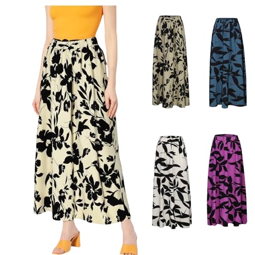 Women's Floral Maxi Skirt Summer Comfy Tiered Elastic High Waisted A-Line Flowy Swing Long Skirts for Women