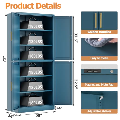 Image of Wanfu 71 inch Tall Pantry Cabinet, Metal Kitchen Pantry Cabinet with 4 Doors and 4 Adjustable Shelves, Kitchen Pantry Storage Cabinets, Metal Storage Cabinet for Kitchen, Dining Room, Living Room-Blue