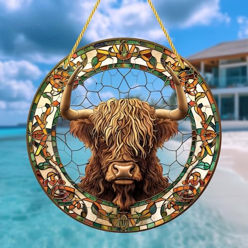 Colorful Acrylic Suncatcher, Scottish Highland Cow 7-inch Hanging Window Decor with Printed Stained Glass Style Design Sun Catcher, Gift Idea & Garden Ornament Indoor Outdoor Use
