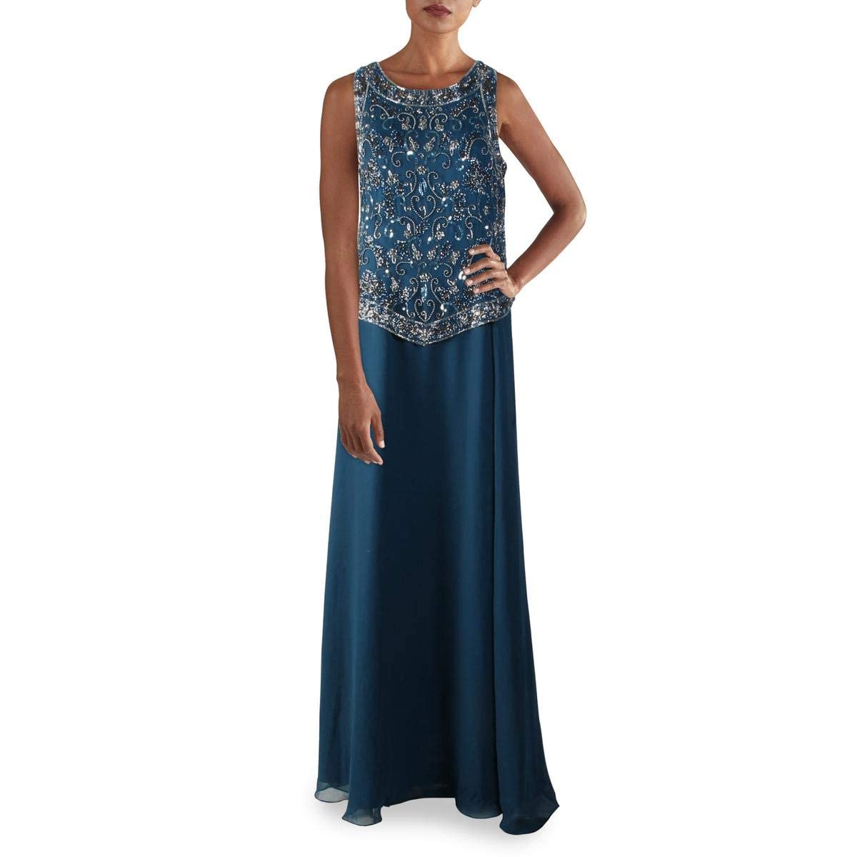 J Kara Women's Sleeveless Mock 2 Piece Beaded Bodice Flare Dress