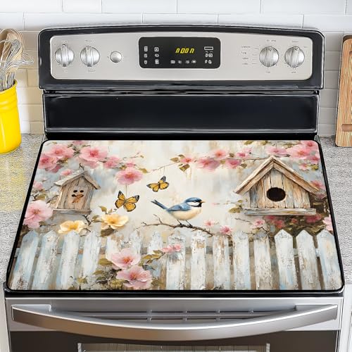 Image of NYZE Stove Cover for Electric and Glass Stove Tops 3-in-1 Stove Mat, Heat Resistant Counter Protector Mat, Non-Slip Surface & Drying Rack (Spring Birdhouse, 28.5 inchLx20.5 inchW)